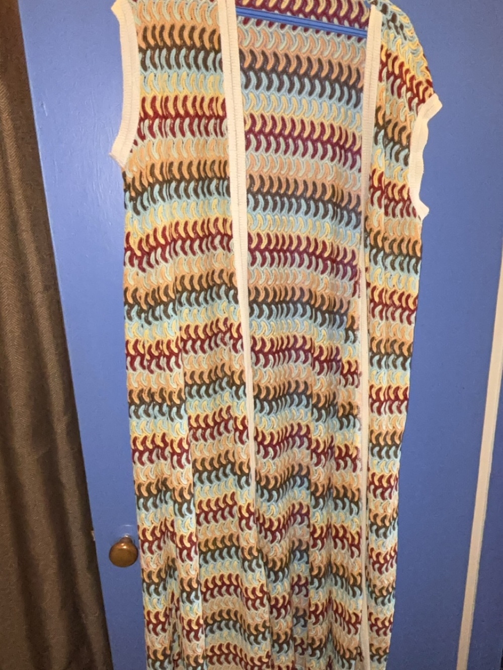 Sleeveless Multicolor Crochet Long Vest with Cream Trim